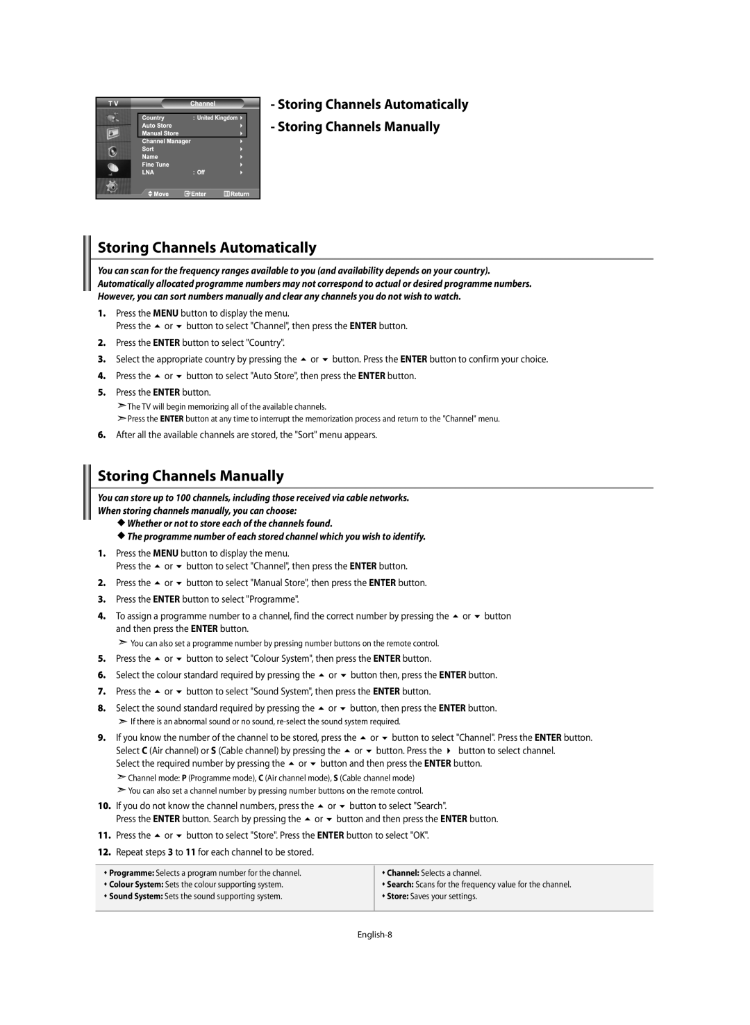 Samsung LE46M5 manual Storing Channels Automatically, Storing Channels Manually 