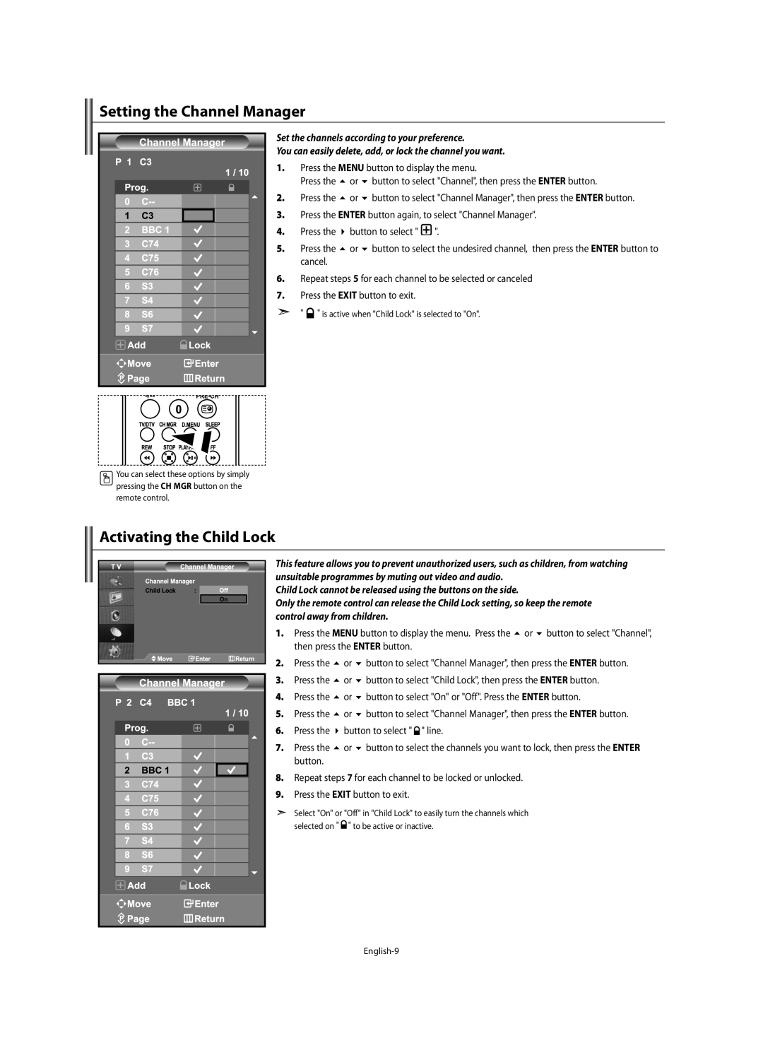 Samsung LE46M5 manual Setting the Channel Manager, Activating the Child Lock 