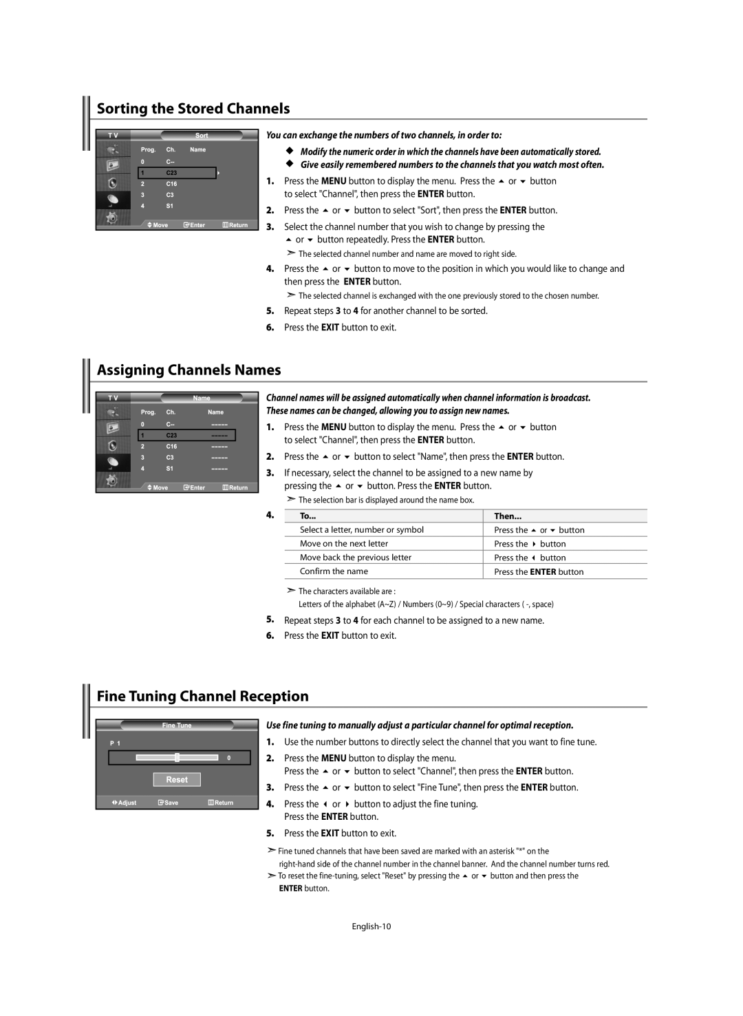 Samsung LE46M5 manual Sorting the Stored Channels, Assigning Channels Names, Fine Tuning Channel Reception 