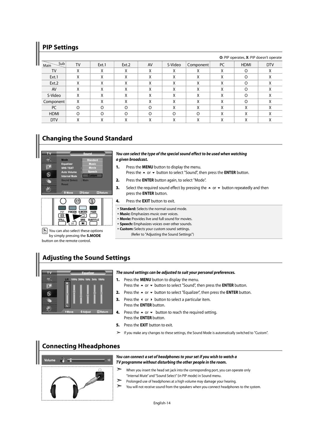 Samsung LE46M5 manual PIP Settings, Changing the Sound Standard, Adjusting the Sound Settings, Connecting Hheadphones 