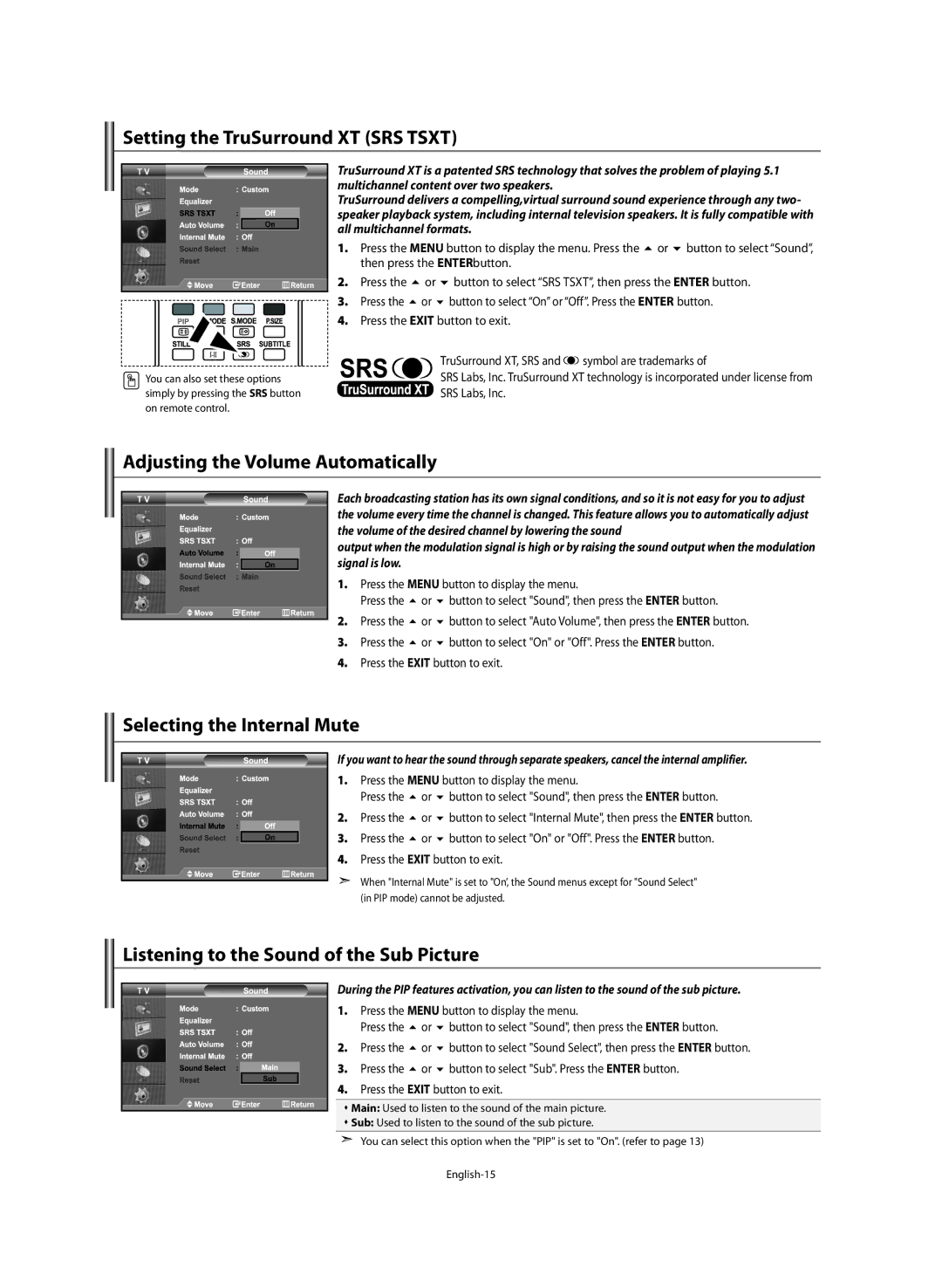 Samsung LE46M5 manual Setting the TruSurround XT SRS Tsxt, Adjusting the Volume Automatically, Selecting the Internal Mute 