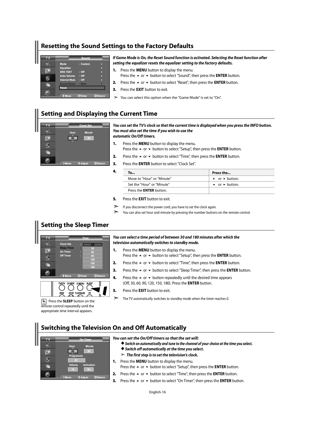 Samsung LE46M5 manual Resetting the Sound Settings to the Factory Defaults, Setting and Displaying the Current Time 