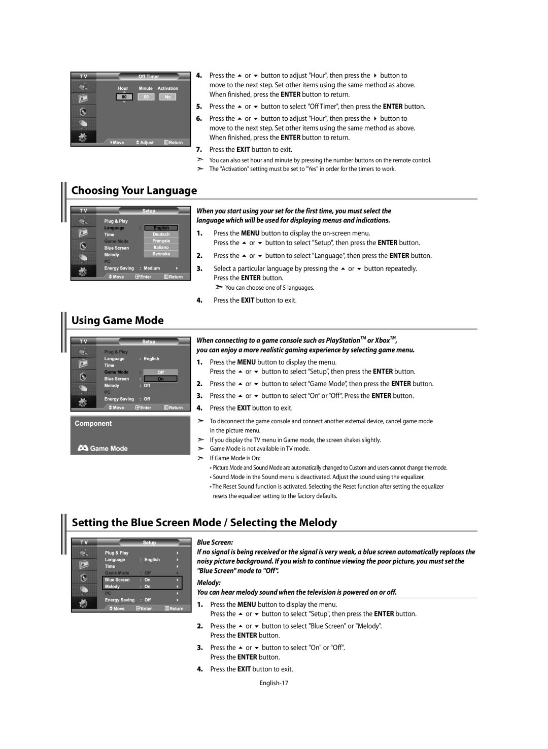 Samsung LE46M5 manual Choosing Your Language, Using Game Mode, Setting the Blue Screen Mode / Selecting the Melody 