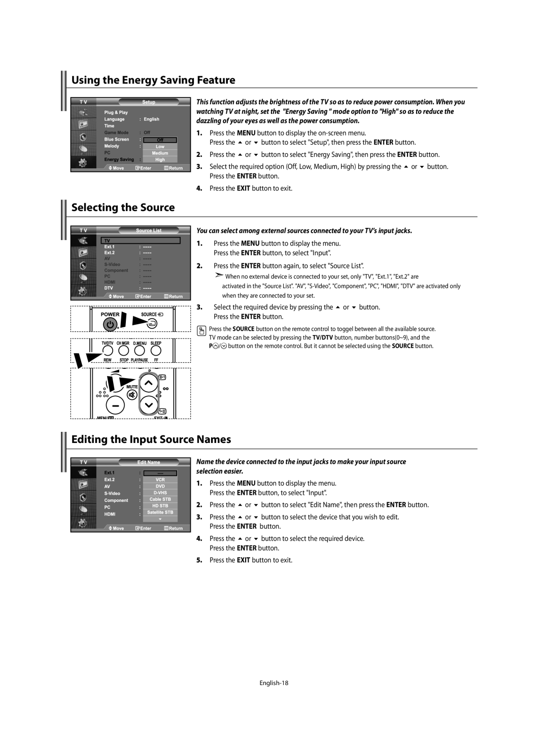 Samsung LE46M5 manual Using the Energy Saving Feature, Selecting the Source, Editing the Input Source Names 