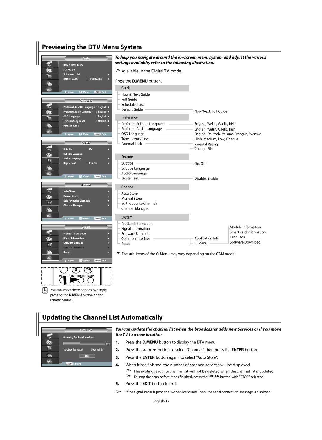 Samsung LE46M5 manual Previewing the DTV Menu System, Updating the Channel List Automatically 