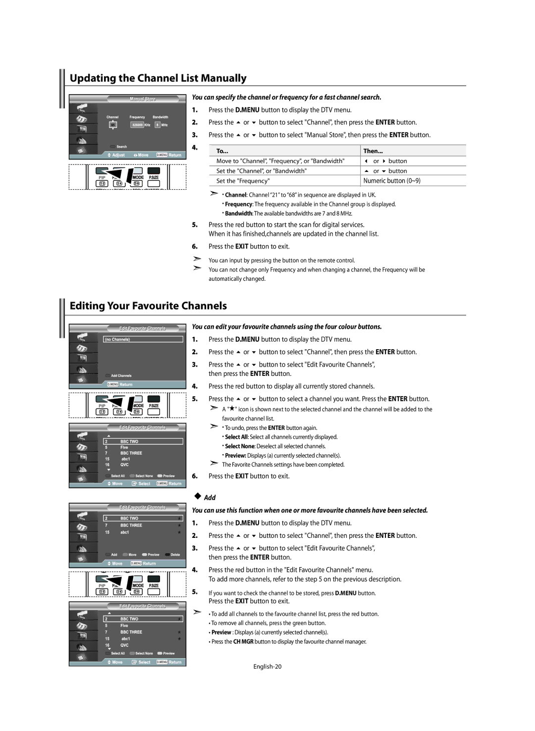 Samsung LE46M5 manual Updating the Channel List Manually, Editing Your Favourite Channels, Numeric button 0~9 