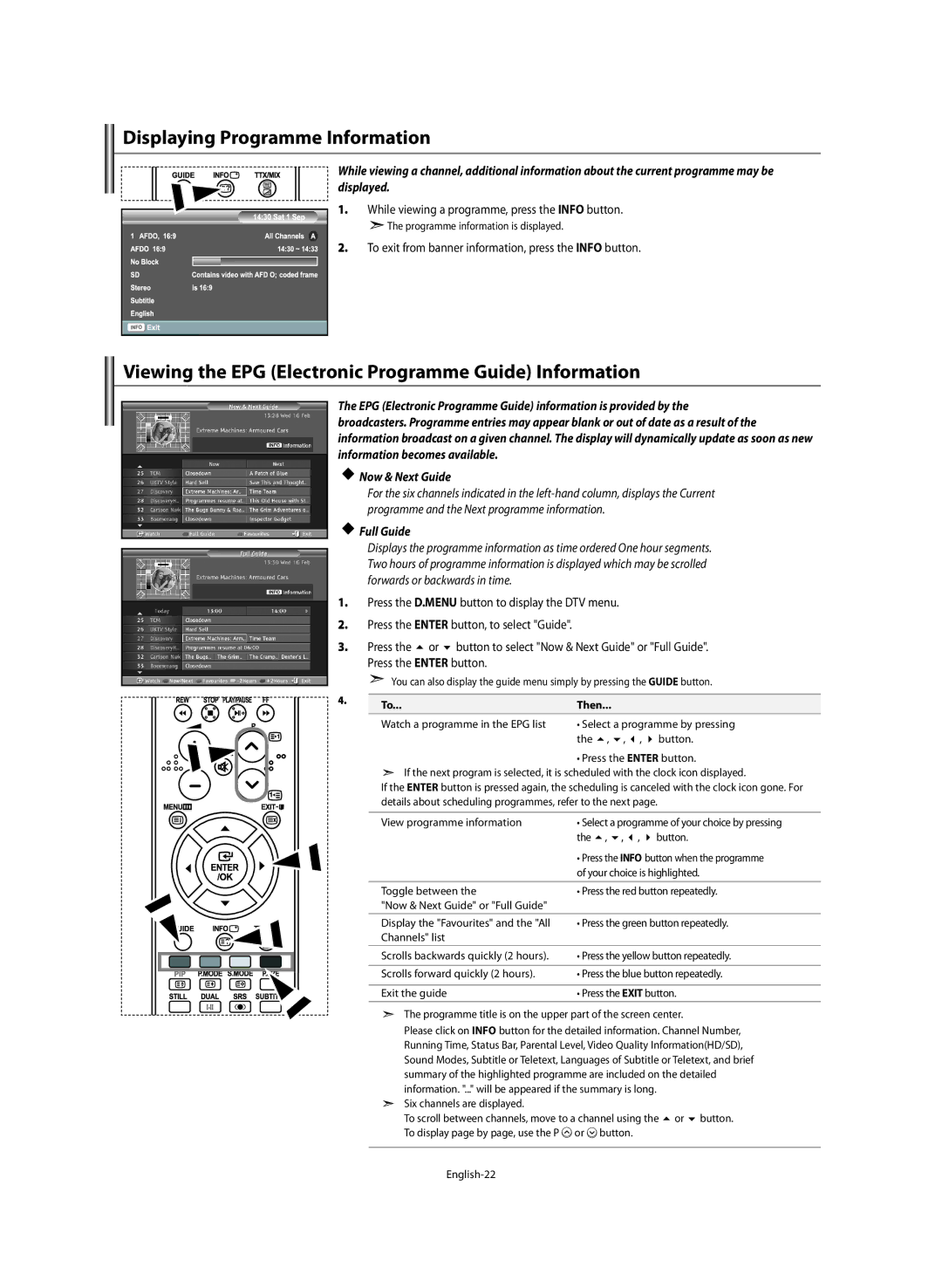 Samsung LE46M5 manual Displaying Programme Information, Viewing the EPG Electronic Programme Guide Information, Full Guide 