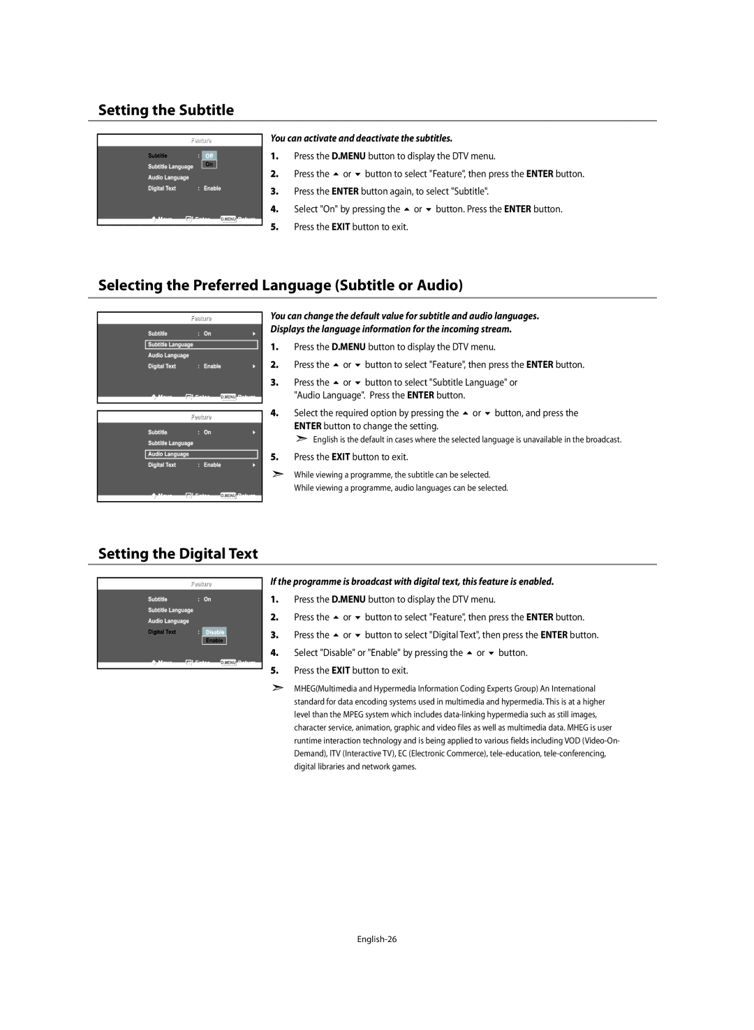 Samsung LE46M5 manual Setting the Subtitle, Selecting the Preferred Language Subtitle or Audio, Setting the Digital Text 