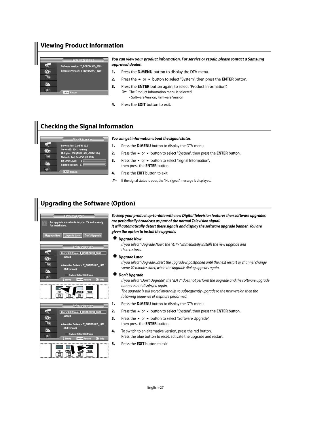 Samsung LE46M5 manual Viewing Product Information, Checking the Signal Information, Upgrading the Software Option 