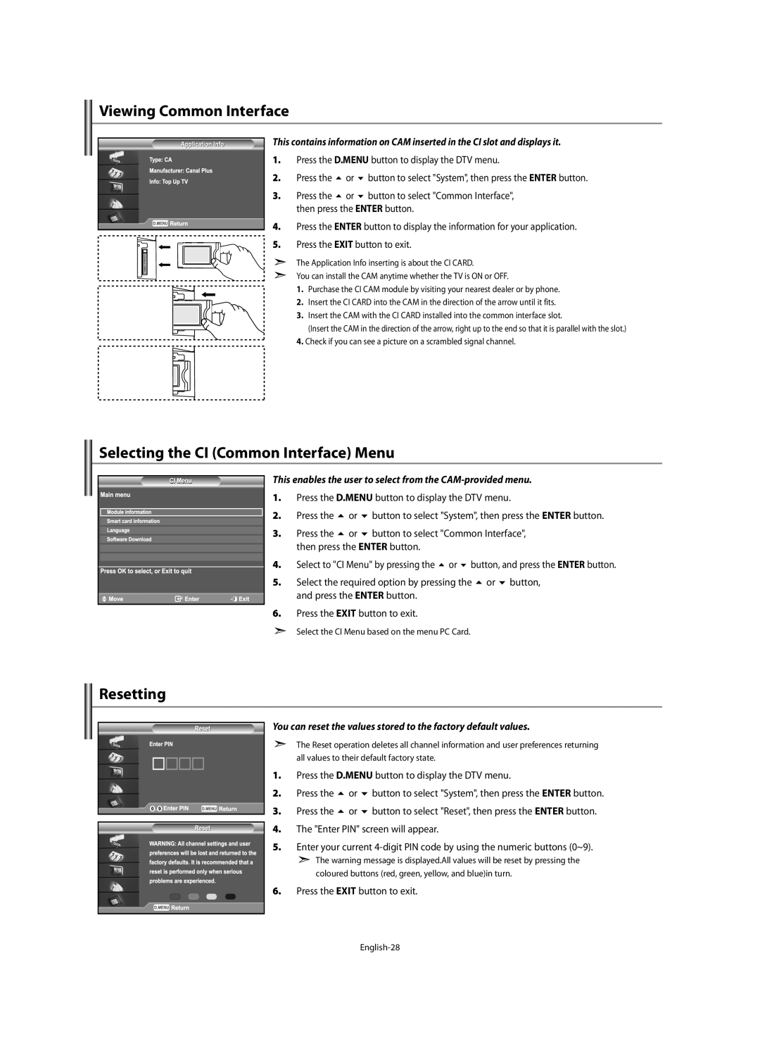 Samsung LE46M5 Viewing Common Interface, Selecting the CI Common Interface Menu, Resetting, Enter PIN screen will appear 