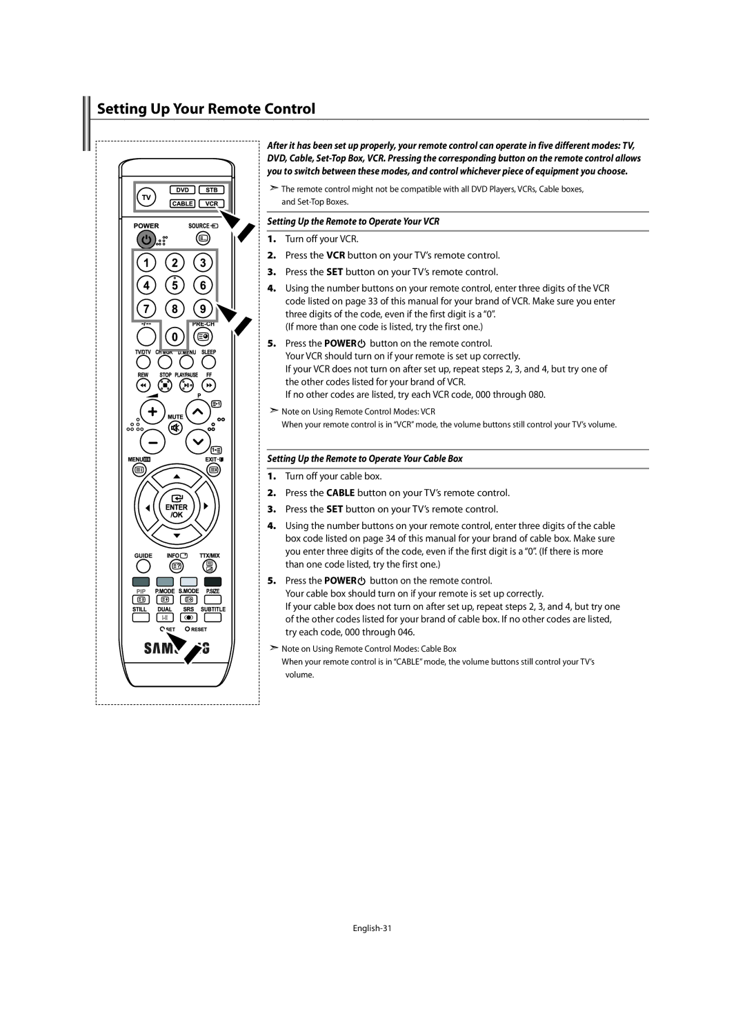 Samsung LE46M5 manual Setting Up Your Remote Control, Setting Up the Remote to Operate Your VCR 