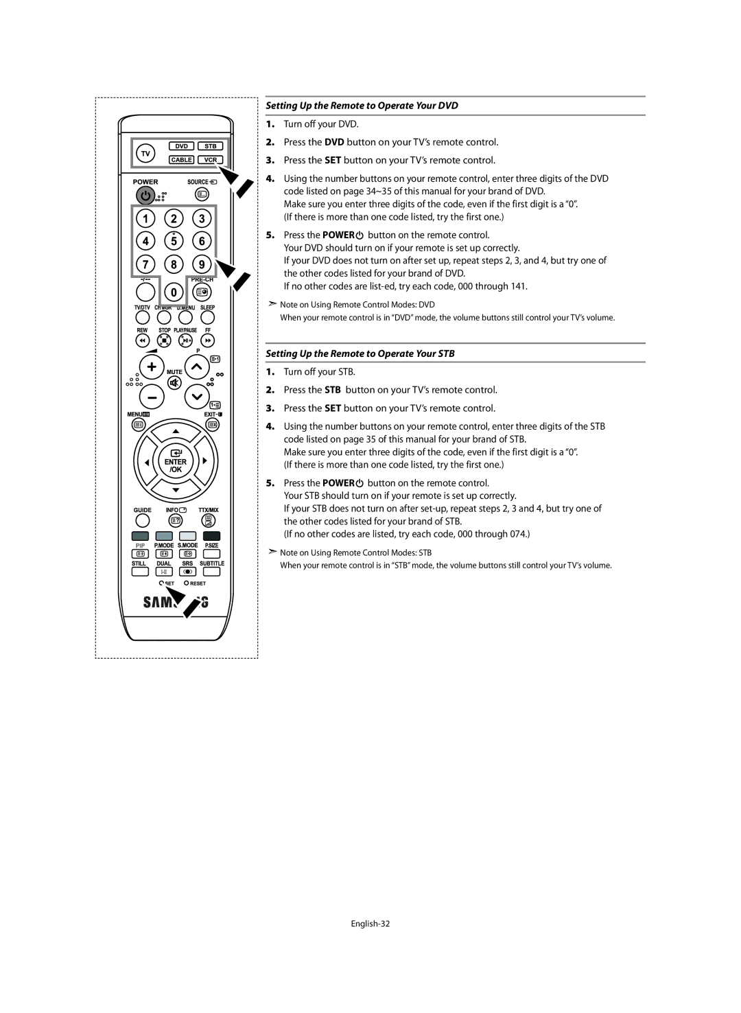 Samsung LE46M5 manual Setting Up the Remote to Operate Your DVD, Setting Up the Remote to Operate Your STB 