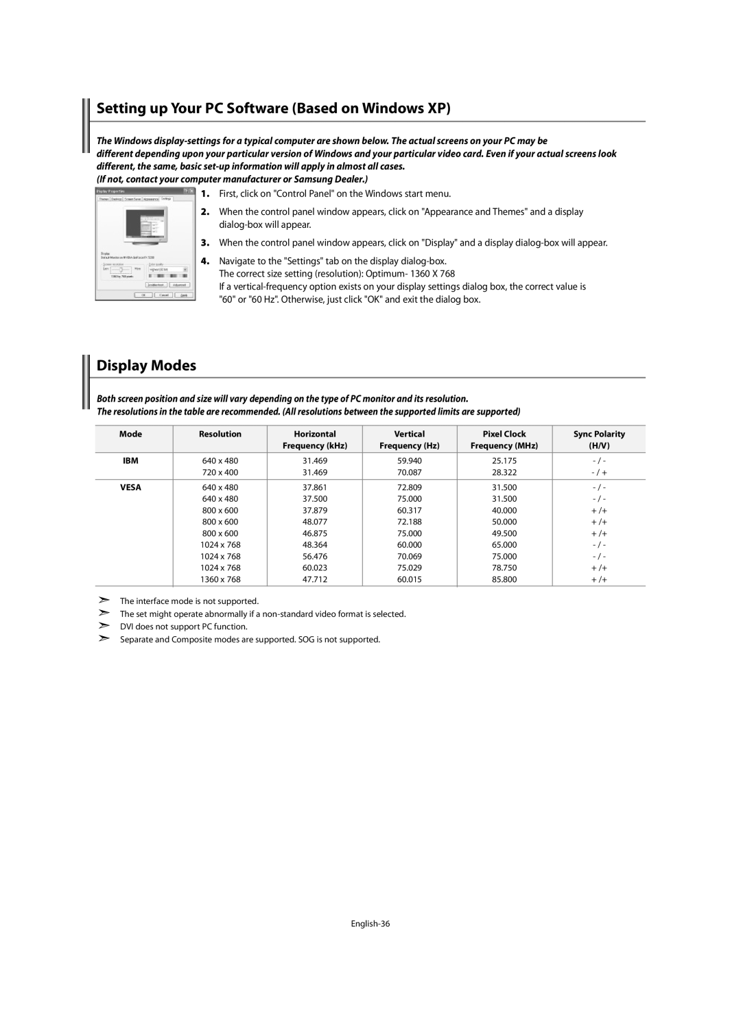 Samsung LE46M5 manual Setting up Your PC Software Based on Windows XP, Display Modes 