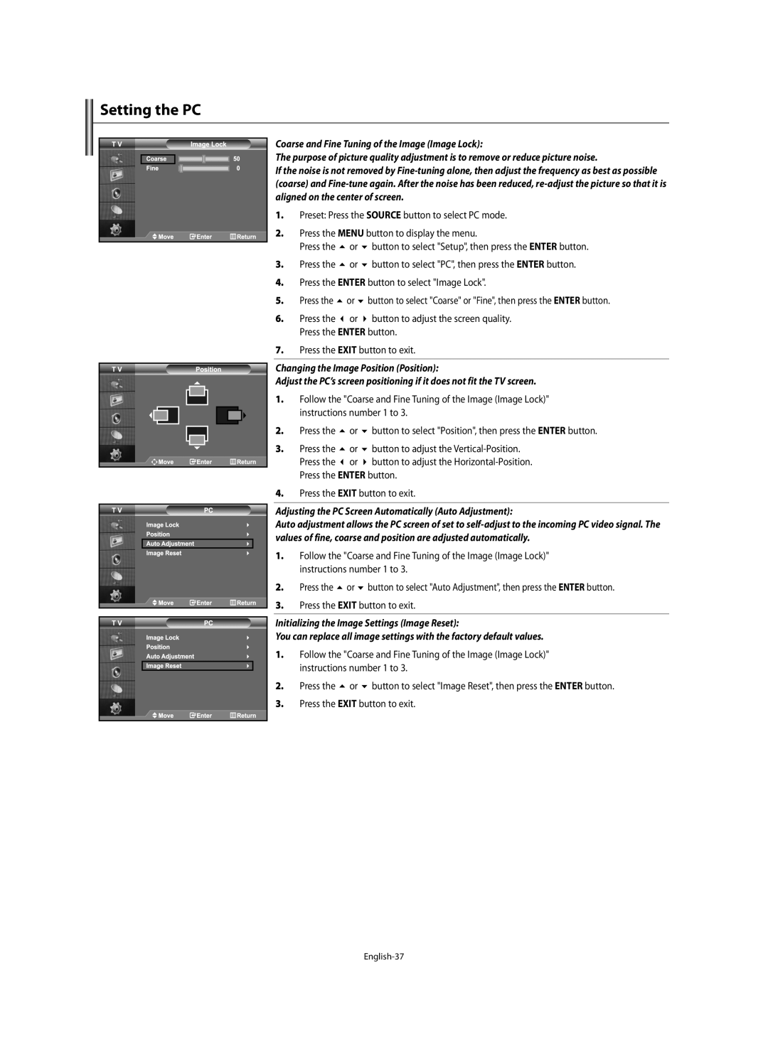 Samsung LE46M5 manual Setting the PC, Press the Enter button to select Image Lock 