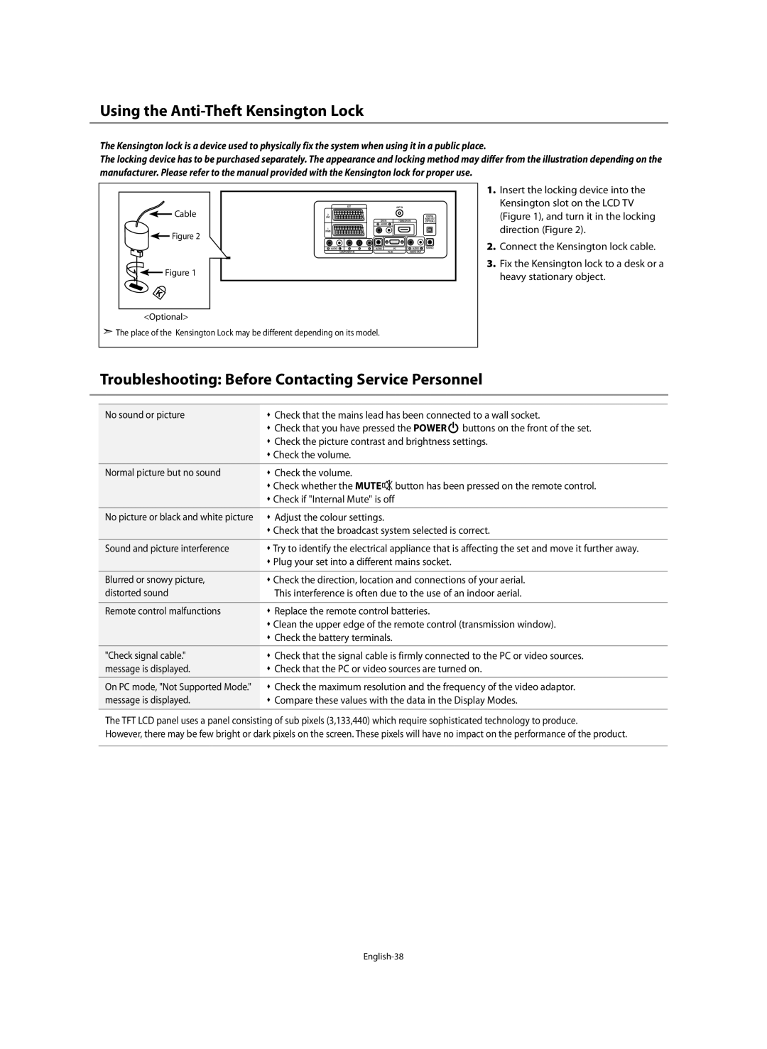 Samsung LE46M5 manual Using the Anti-Theft Kensington Lock, Troubleshooting Before Contacting Service Personnel 