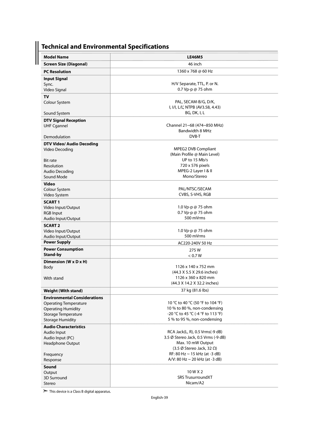 Samsung LE46M5 manual Technical and Environmental Specifications 