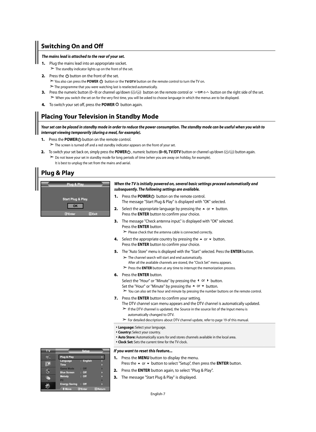 Samsung LE46M5 manual Switching On and Off, Placing Your Television in Standby Mode, Plug & Play 