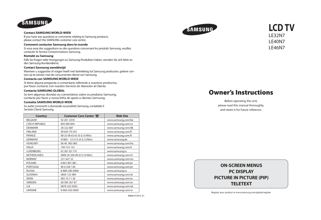 Samsung LE40N7, LE46N7 manual Contact Samsung WORLD-WIDE, Comment contacter Samsung dans le monde, Kontakt zu Samsung 