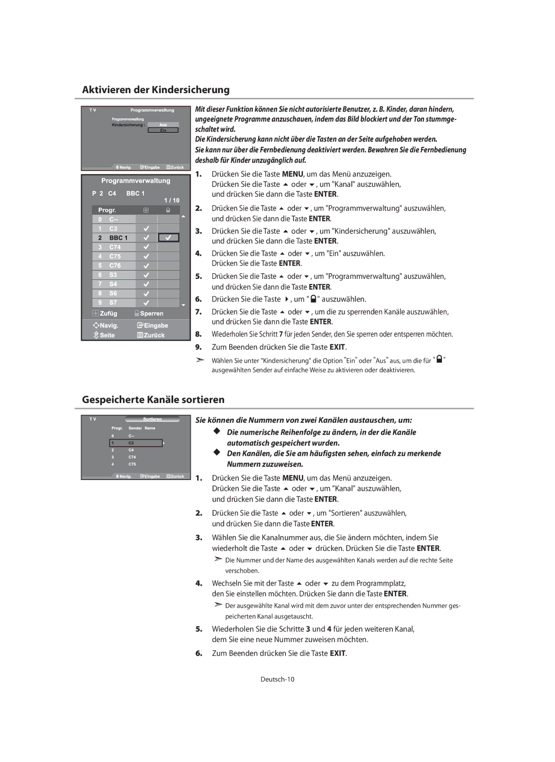 Samsung LE40N7, LE46N7, LE32N7 manual Aktivieren der Kindersicherung, Gespeicherte Kanäle sortieren, Oder Um Ein auszuwählen 