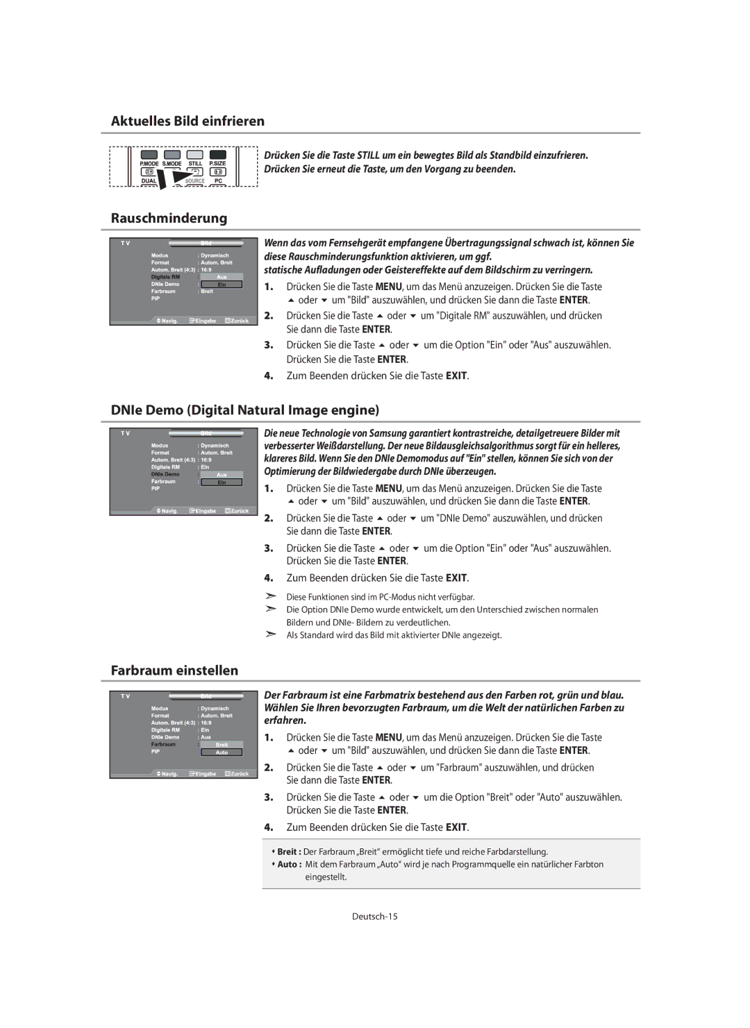 Samsung LE46N7, LE40N7, LE32N7 manual Aktuelles Bild einfrieren, Rauschminderung, Farbraum einstellen 