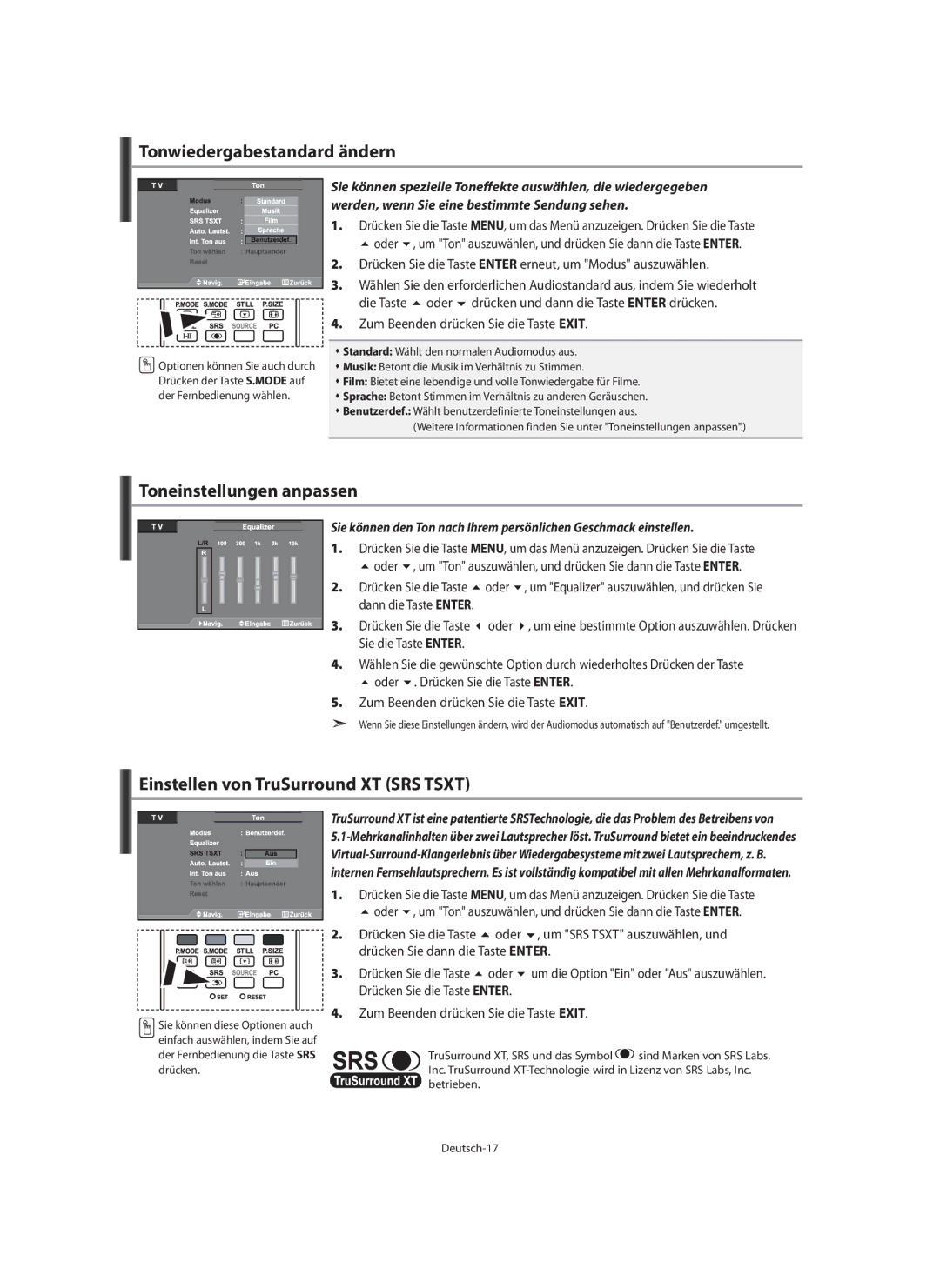 Samsung LE32N7, LE46N7 Tonwiedergabestandard ändern, Toneinstellungen anpassen, Einstellen von TruSurround XT SRS Tsxt 