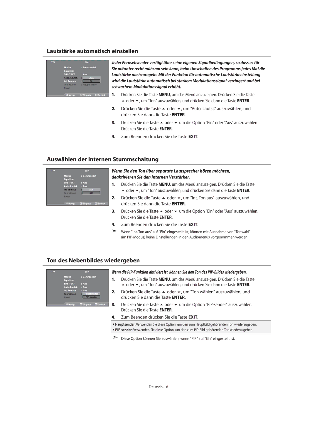 Samsung LE46N7 Lautstärke automatisch einstellen, Auswählen der internen Stummschaltung, Ton des Nebenbildes wiedergeben 