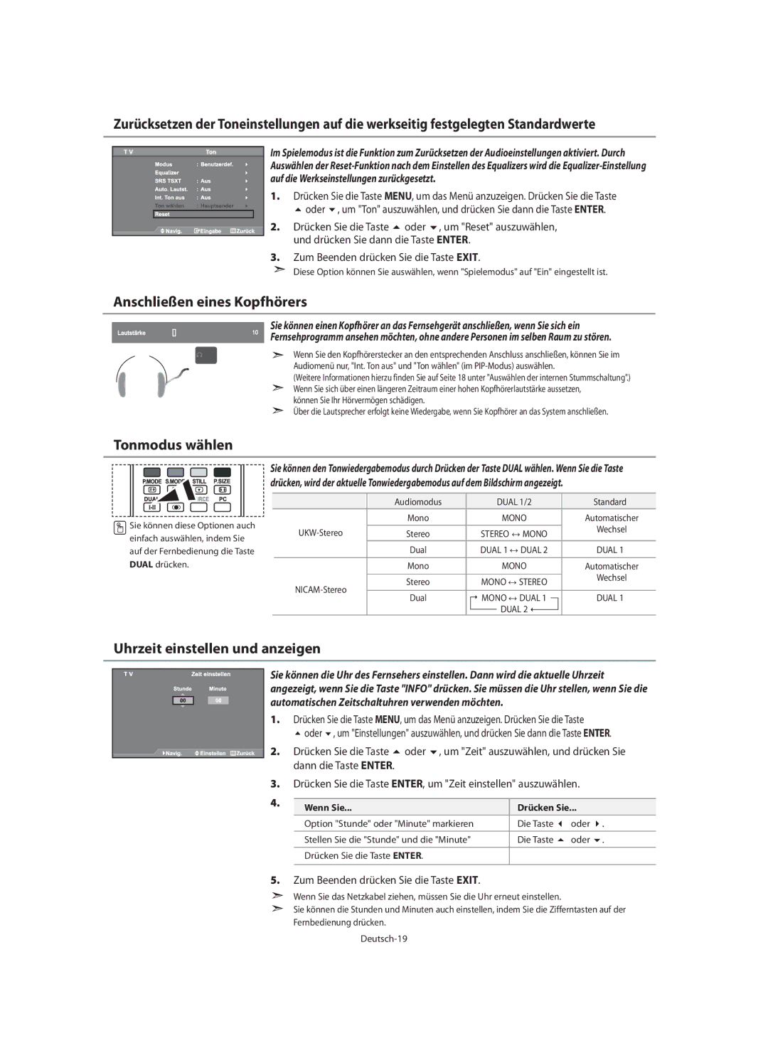 Samsung LE40N7, LE46N7, LE32N7 manual Anschließen eines Kopfhörers, Tonmodus wählen, Uhrzeit einstellen und anzeigen 