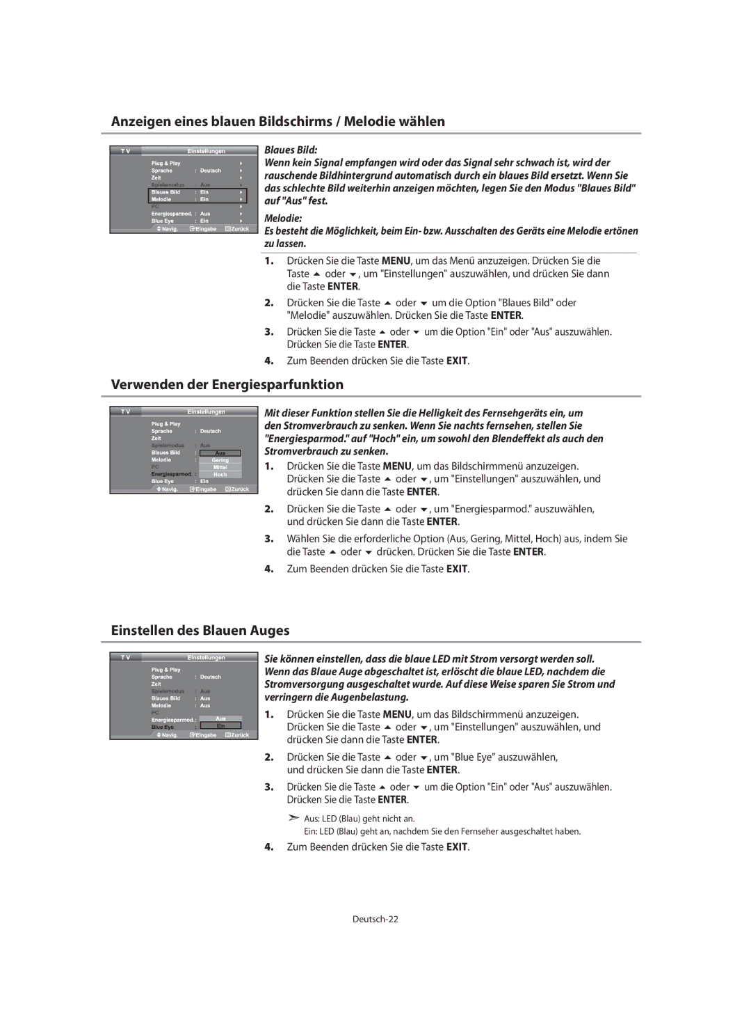 Samsung LE40N7, LE46N7, LE32N7 manual Anzeigen eines blauen Bildschirms / Melodie wählen, Verwenden der Energiesparfunktion 