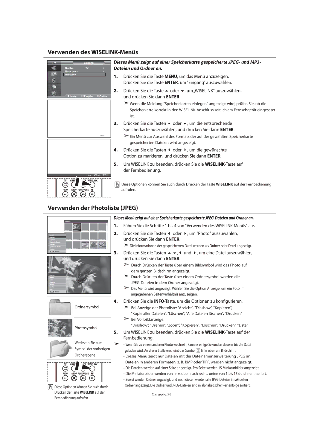 Samsung LE40N7, LE46N7, LE32N7 manual Verwenden des WISELINK-Menüs, Verwenden der Photoliste Jpeg, Oder Um Photo auszuwählen 