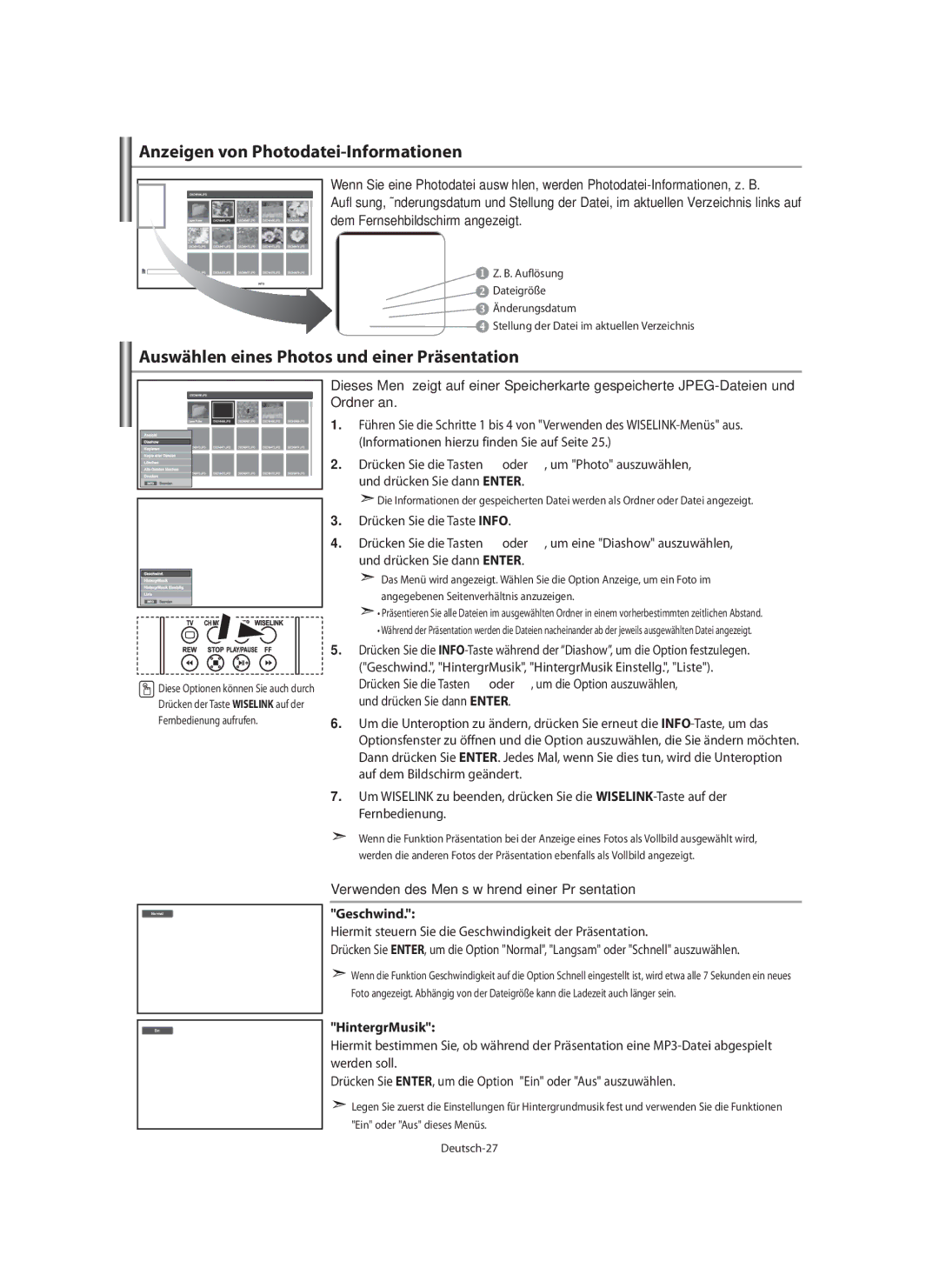 Samsung LE46N7, LE40N7 Anzeigen von Photodatei-Informationen, Auswählen eines Photos und einer Präsentation, Geschwind 