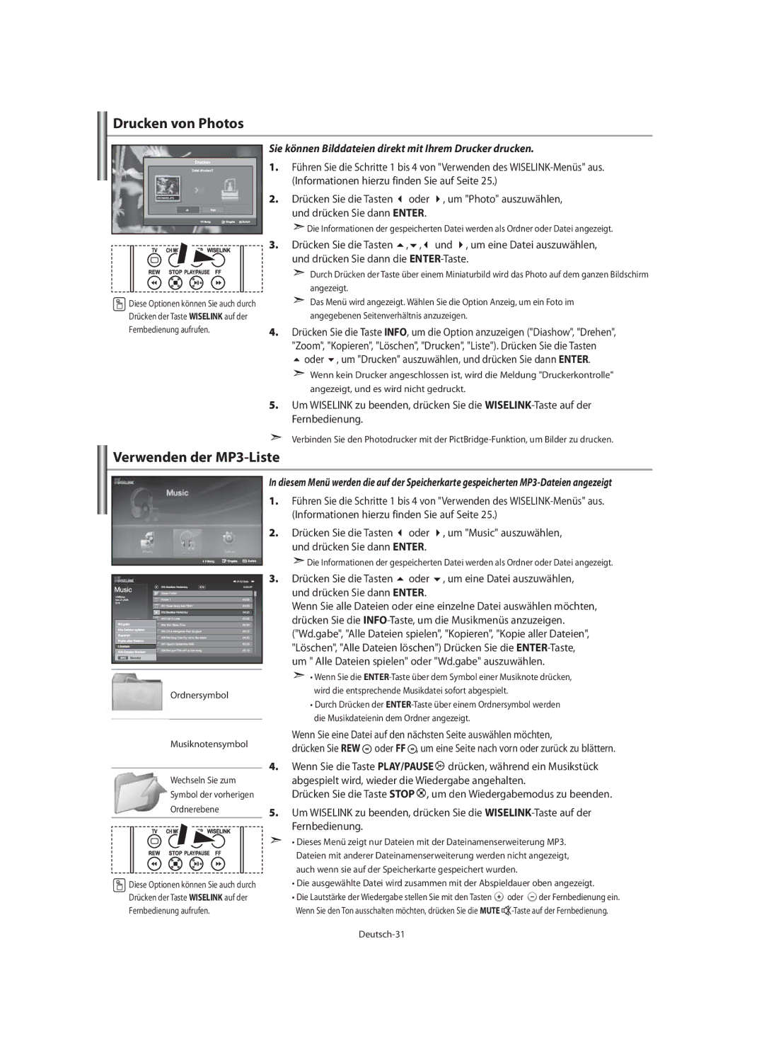 Samsung LE40N7 manual Drucken von Photos, Verwenden der MP3-Liste, Sie können Bilddateien direkt mit Ihrem Drucker drucken 