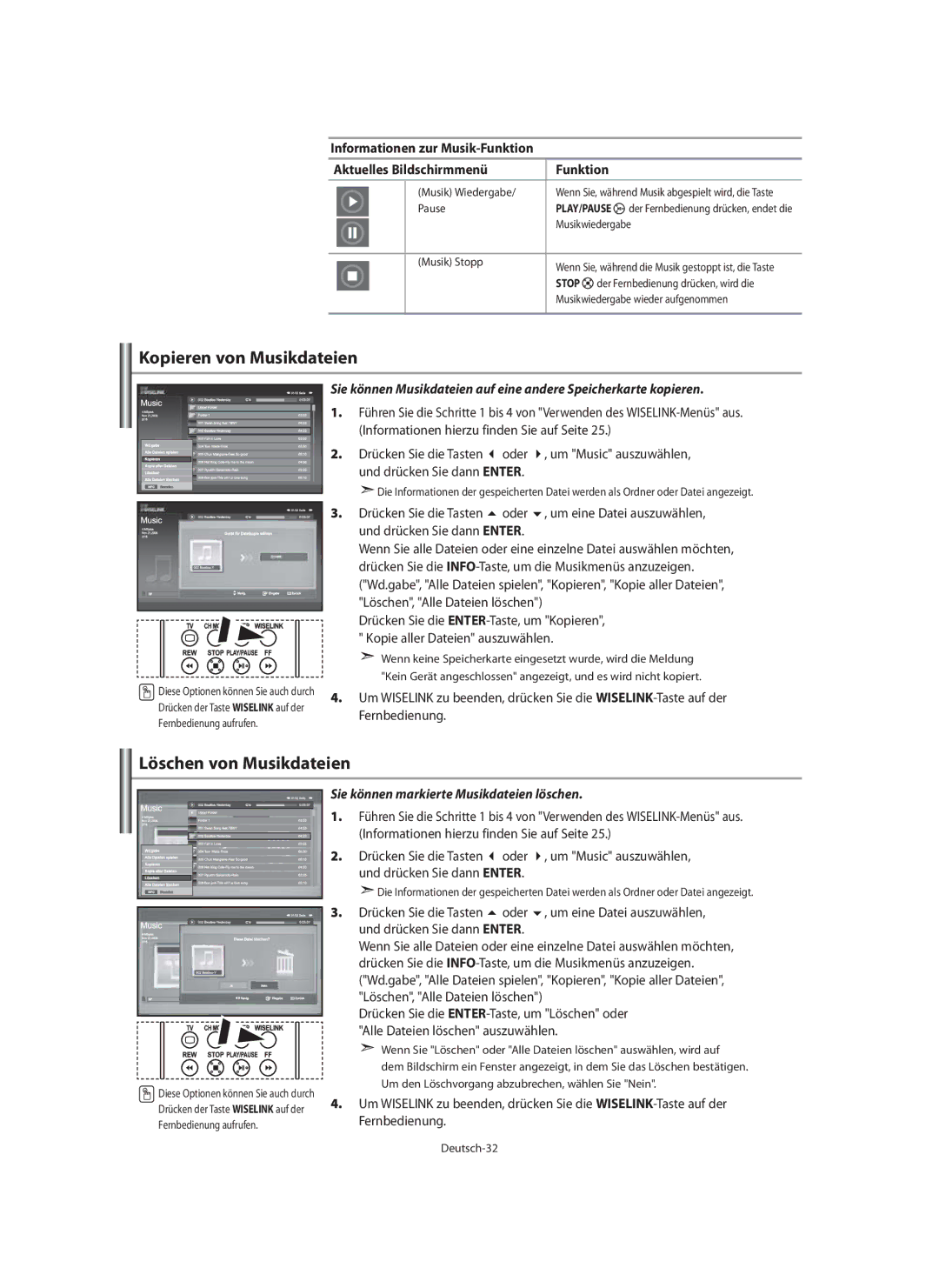 Samsung LE32N7, LE46N7 manual Kopieren von Musikdateien, Löschen von Musikdateien, Sie können markierte Musikdateien löschen 