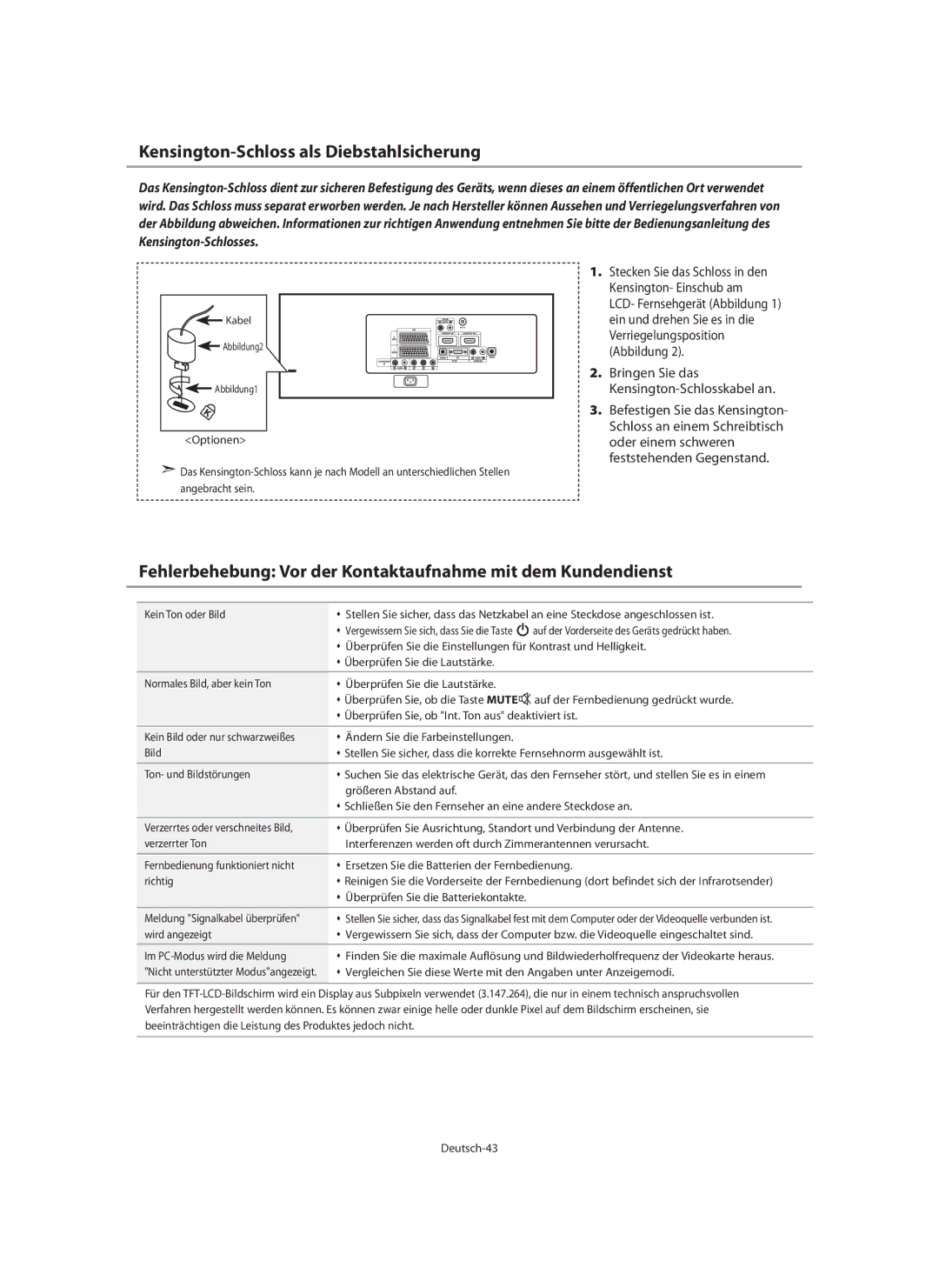 Samsung LE40N7 Kensington-Schloss als Diebstahlsicherung, Fehlerbehebung Vor der Kontaktaufnahme mit dem Kundendienst 