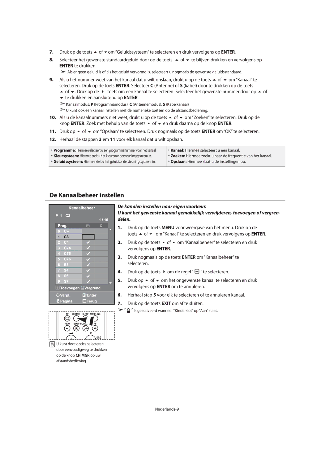 Samsung LE32N7, LE46N7, LE40N7 manual De Kanaalbeheer instellen 