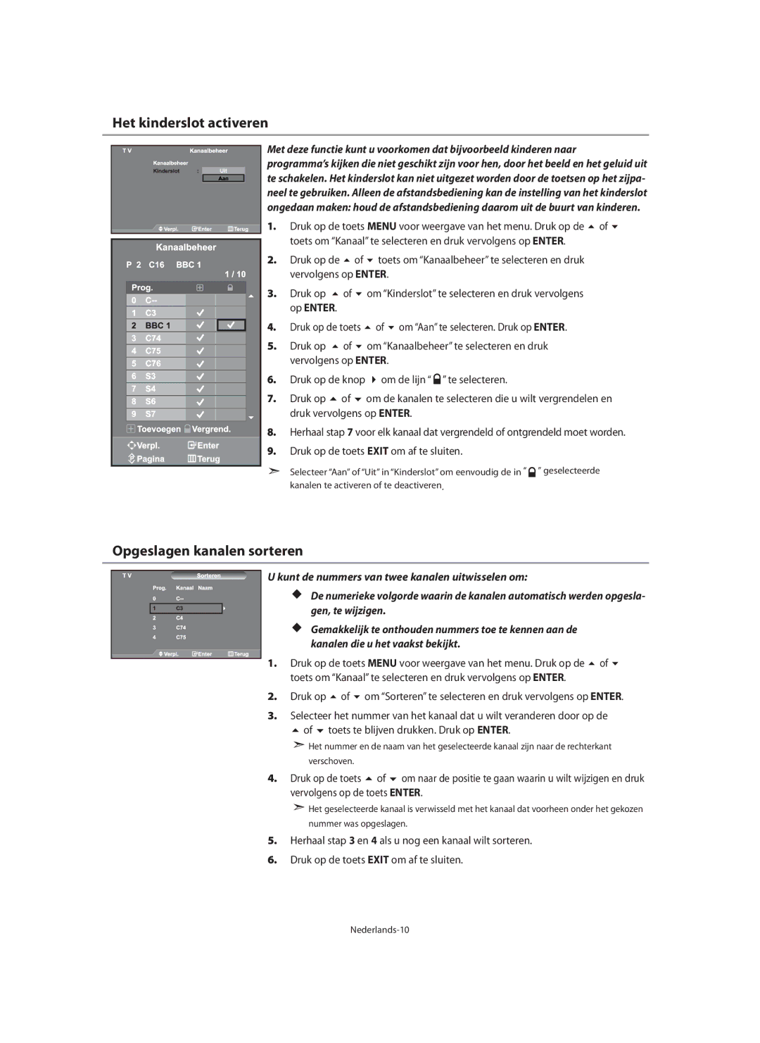 Samsung LE46N7, LE40N7, LE32N7 manual Het kinderslot activeren, Opgeslagen kanalen sorteren 