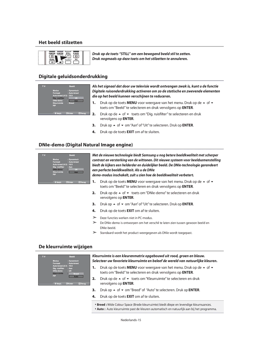 Samsung LE32N7, LE46N7, LE40N7 Het beeld stilzetten, Digitale geluidsonderdrukking, DNIe-demo Digital Natural Image engine 