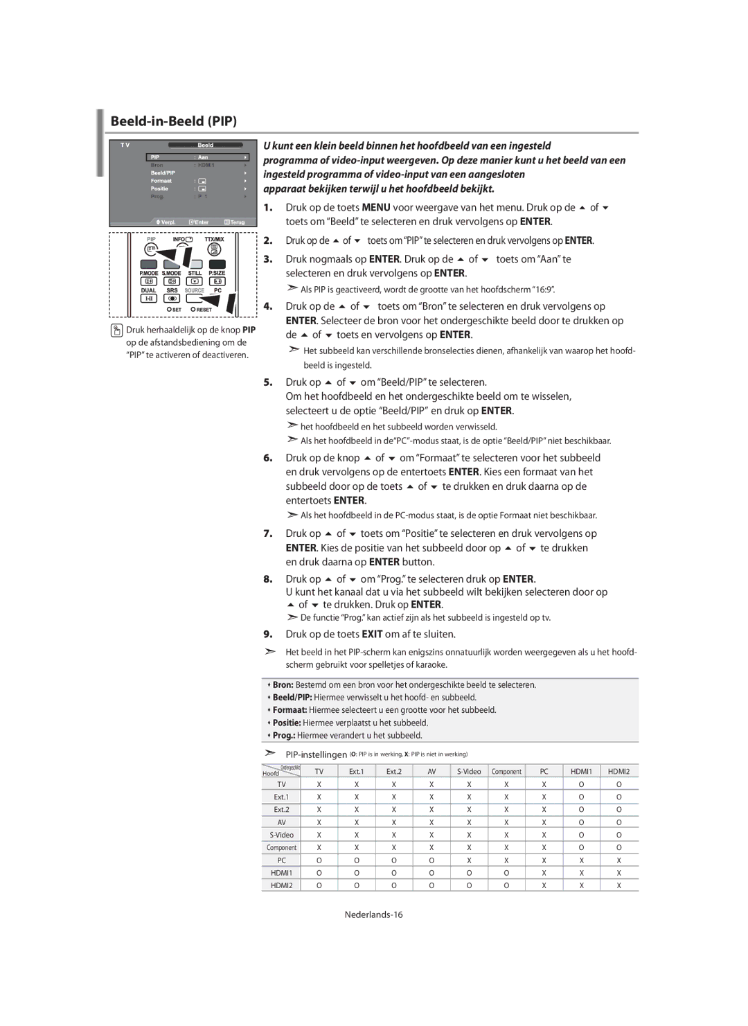 Samsung LE46N7 manual Beeld-in-Beeld PIP, Apparaat bekijken terwijl u het hoofdbeeld bekijkt, Toets en vervolgens op Enter 