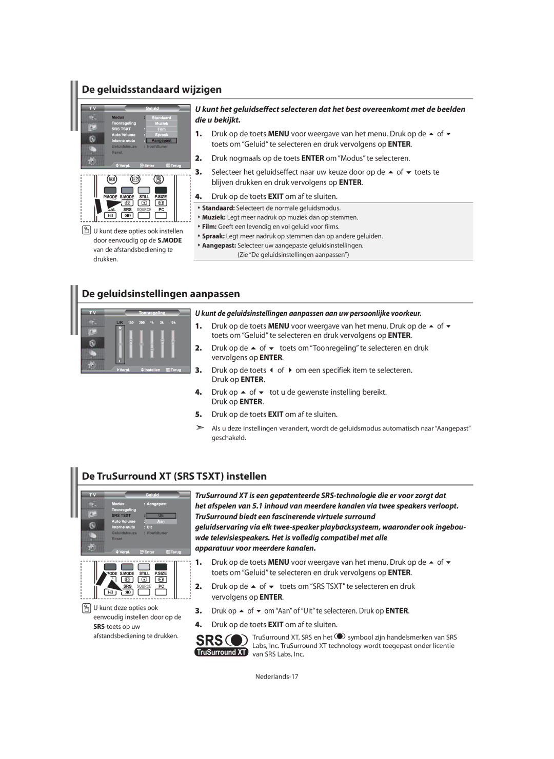 Samsung LE40N7 manual De geluidsstandaard wijzigen, De geluidsinstellingen aanpassen, De TruSurround XT SRS Tsxt instellen 