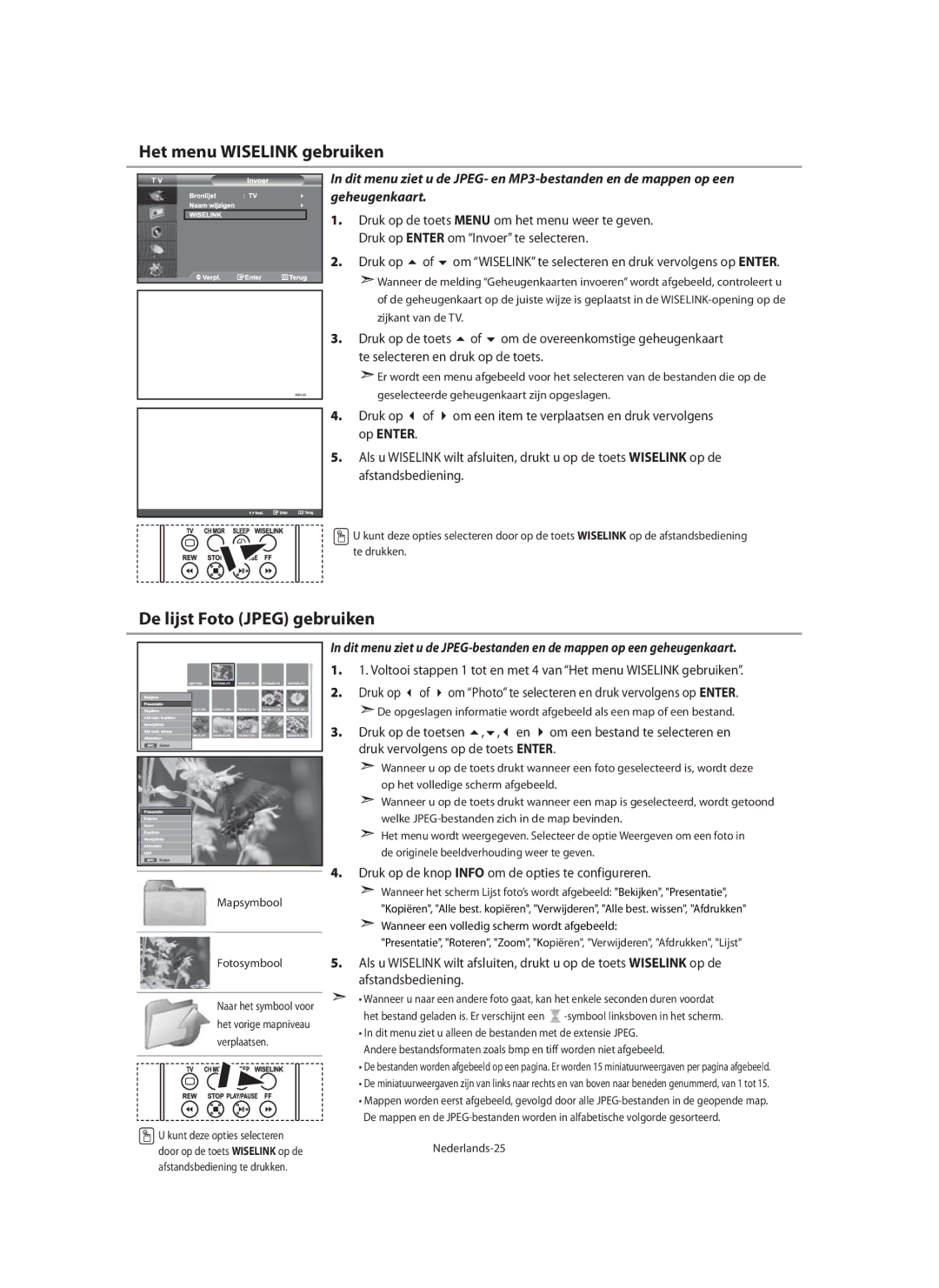 Samsung LE46N7, LE40N7, LE32N7 Het menu Wiselink gebruiken, De lijst Foto Jpeg gebruiken, Druk vervolgens op de toets Enter 