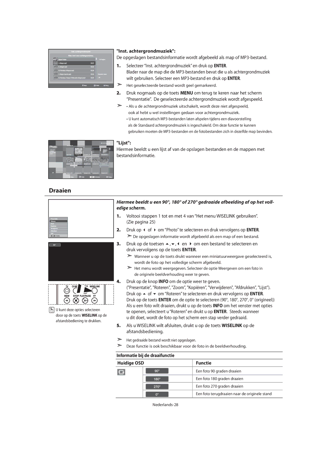 Samsung LE46N7, LE40N7, LE32N7 manual Draaien, Inst. achtergrondmuziek, Informatie bij de draaifunctie Huidige OSD Functie 