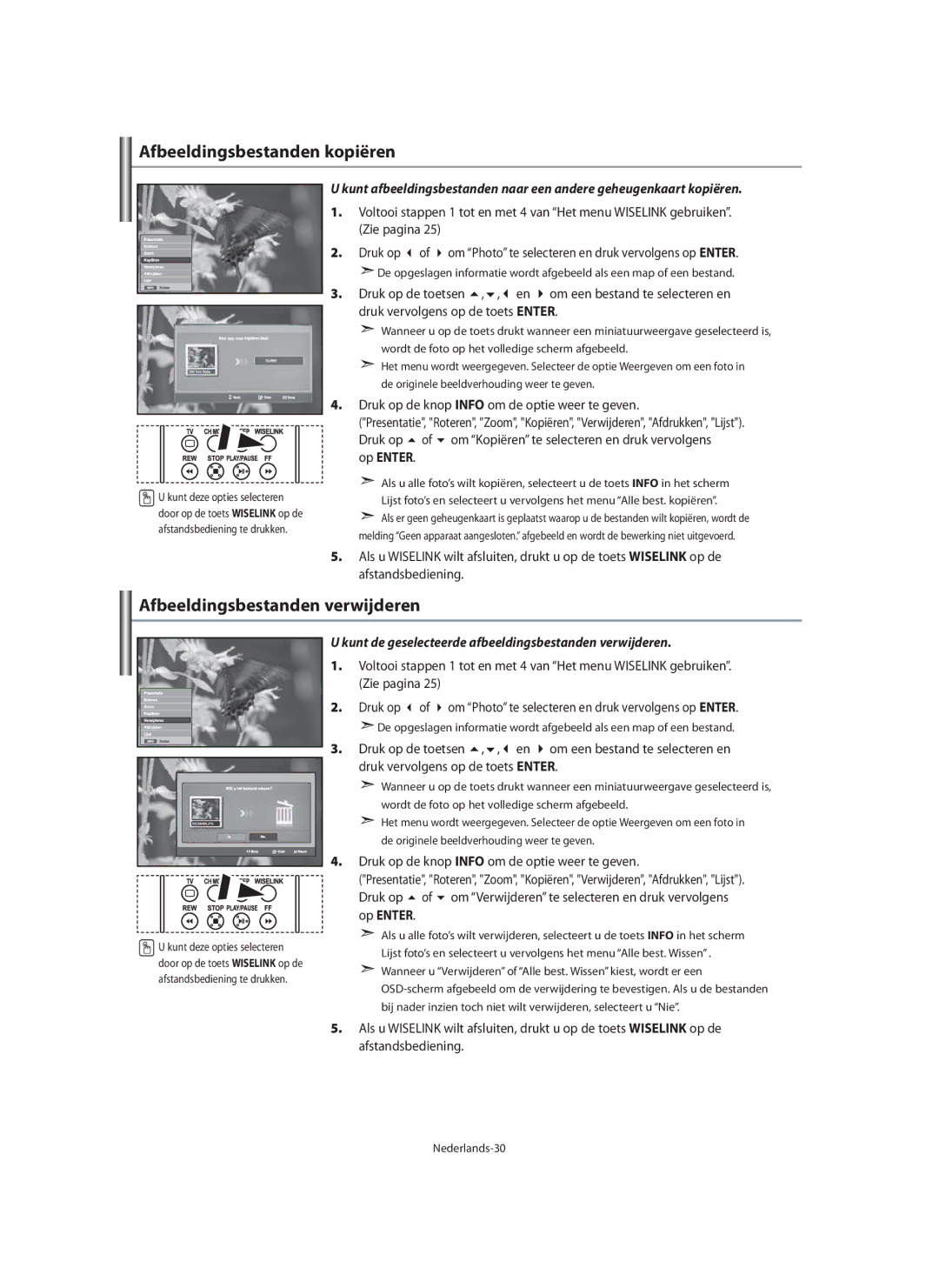 Samsung LE32N7, LE46N7, LE40N7 manual Afbeeldingsbestanden kopiëren, Afbeeldingsbestanden verwijderen, Nederlands-30 