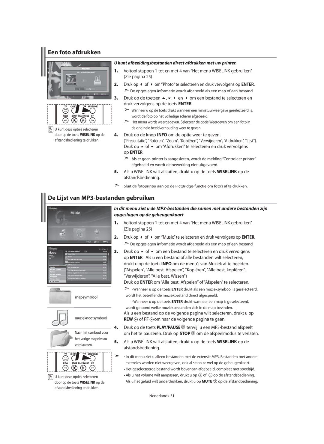 Samsung LE46N7, LE40N7, LE32N7 manual Een foto afdrukken, De Lijst van MP3-bestanden gebruiken, Mapsymbool Muzieknootsymbool 