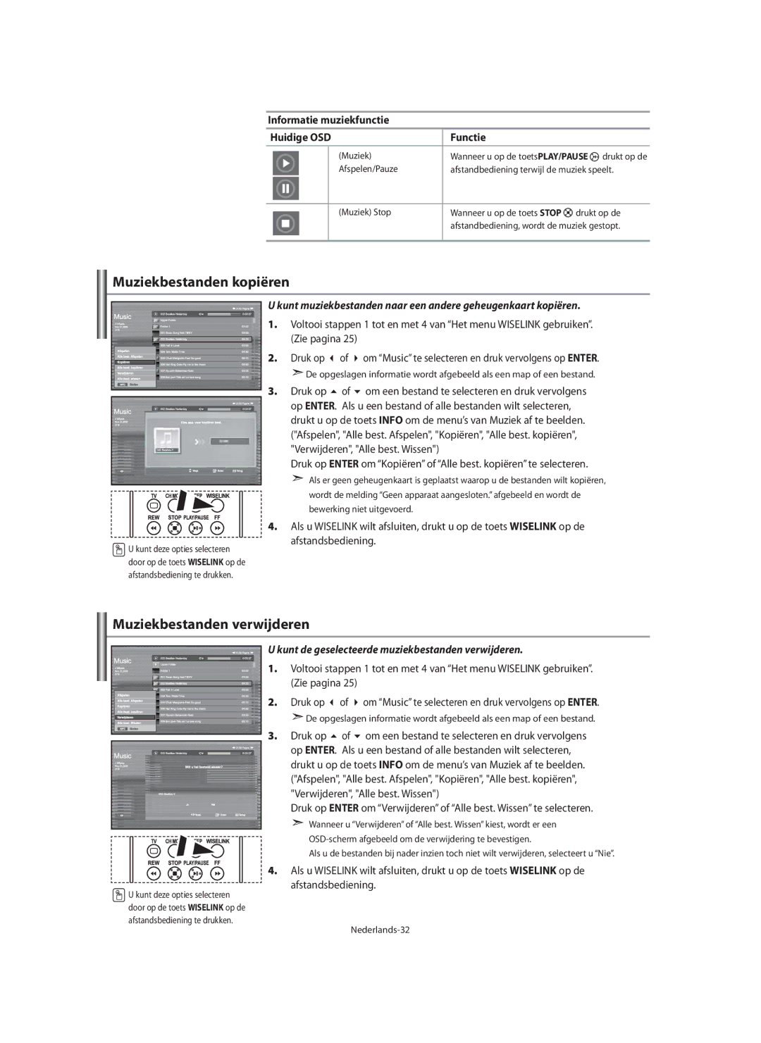 Samsung LE40N7, LE46N7 Muziekbestanden kopiëren, Muziekbestanden verwijderen, Informatie muziekfunctie Huidige OSD Functie 