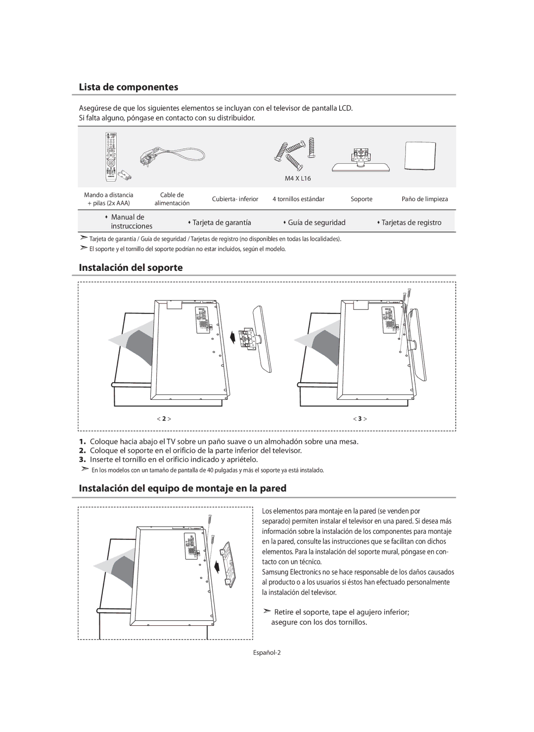 Samsung LE46N7 Lista de componentes, Instalación del soporte, Instalación del equipo de montaje en la pared, Español-2 