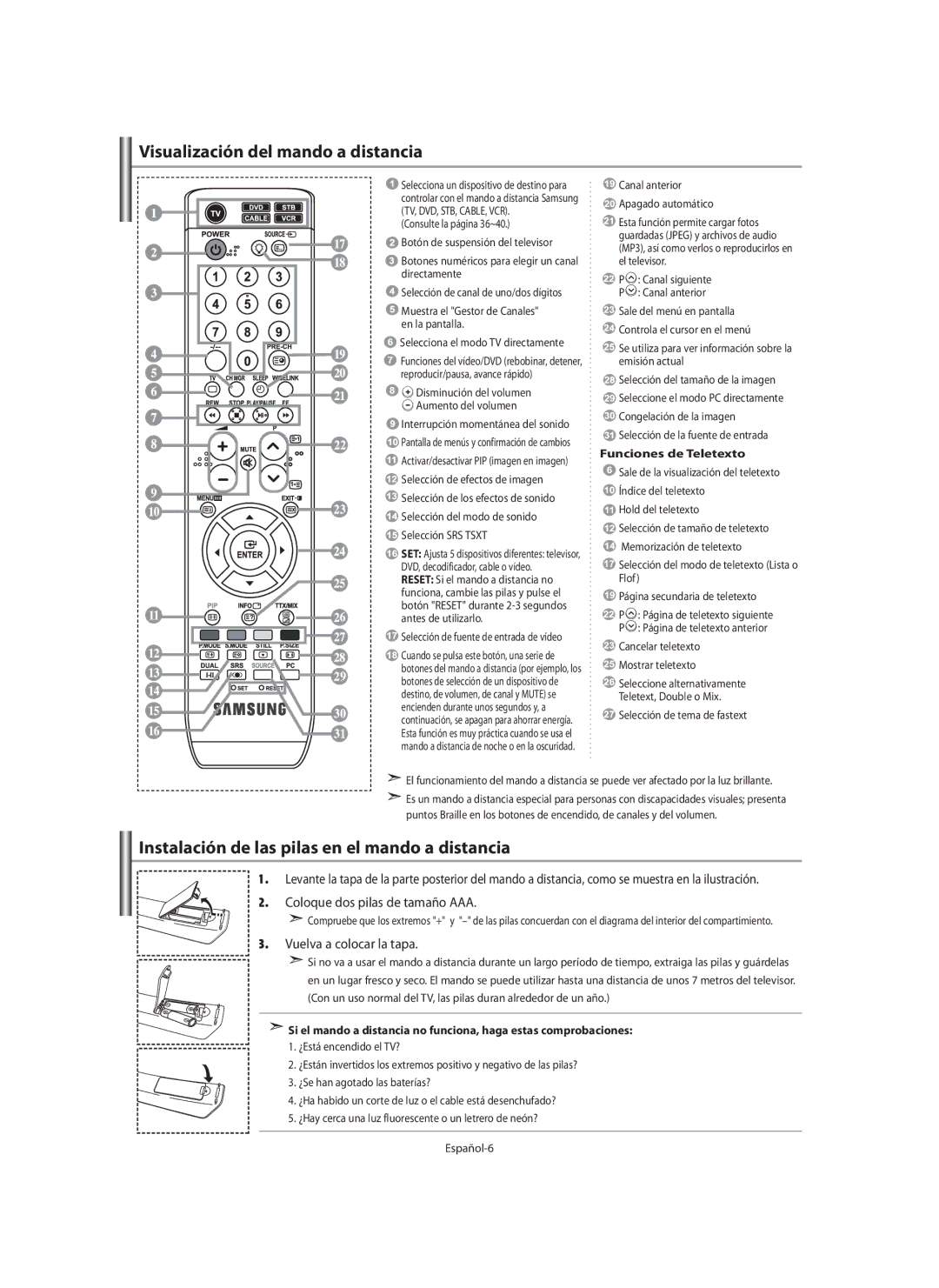 Samsung LE40N7, LE46N7, LE32N7 manual Visualización del mando a distancia, Instalación de las pilas en el mando a distancia 