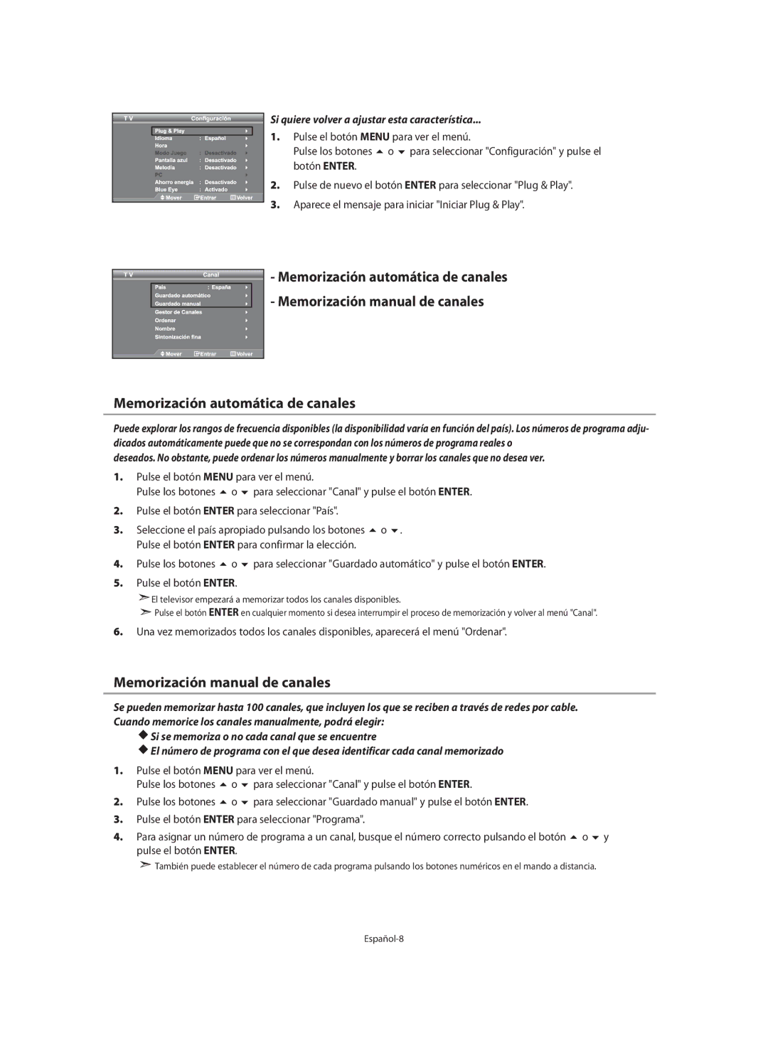 Samsung LE46N7, LE40N7, LE32N7 Memorización automática de canales, Memorización manual de canales 