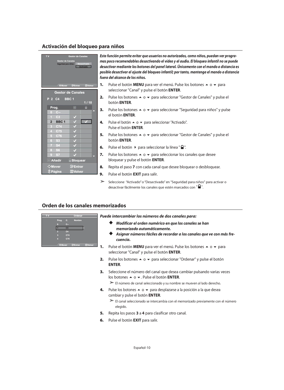 Samsung LE32N7, LE46N7, LE40N7 manual Activación del bloqueo para niños, Orden de los canales memorizados 