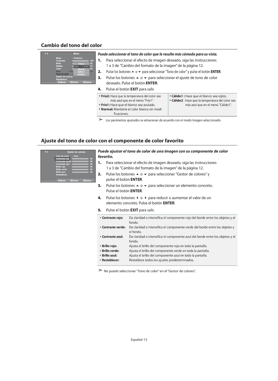 Samsung LE32N7 Cambio del tono del color, de Cambio del formato de la imagen de la página, Deseado. Pulse el botón Enter 