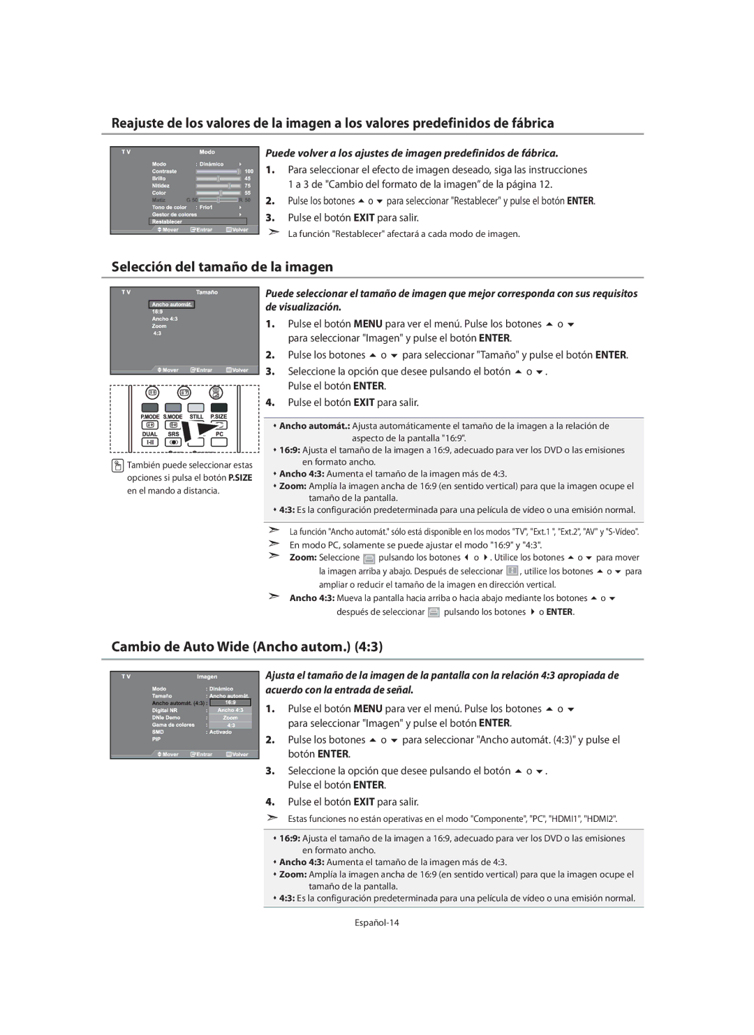 Samsung LE46N7, LE40N7, LE32N7 manual Selección del tamaño de la imagen, Cambio de Auto Wide Ancho autom 