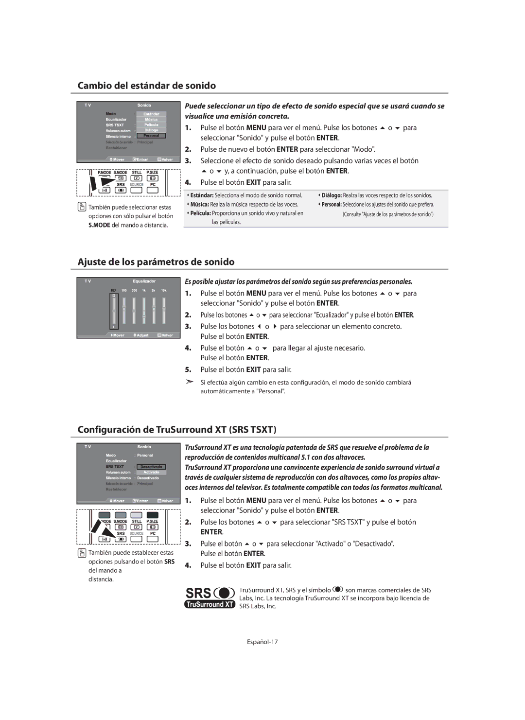 Samsung LE46N7 Cambio del estándar de sonido, Ajuste de los parámetros de sonido, Configuración de TruSurround XT SRS Tsxt 